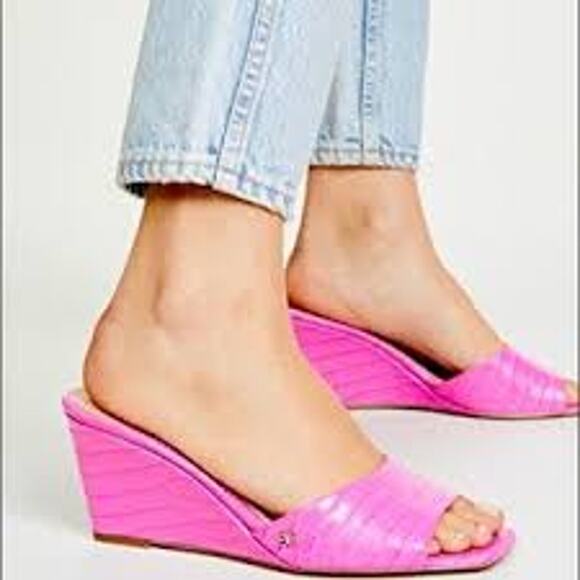 Sam Edelman Shoes - Sam Edelman Tesma Pink Croc Embossed Leather Wedge Mules Women's Size 8.5